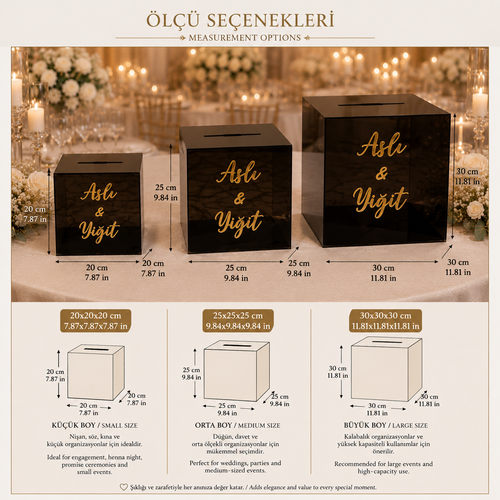 Bivarts Premium Siyah Kişiye Özel Düğün Takı ve Zarf Kutusu