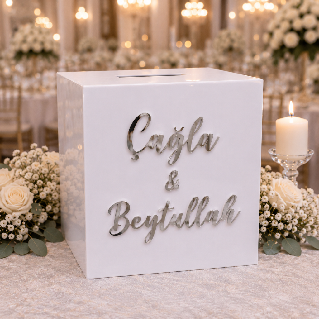 Bivarts Kişiye Özel Düğün Zarf Altın Takı Kutusu Beyaz Kilitli Düğün Nişan Para Kutusu