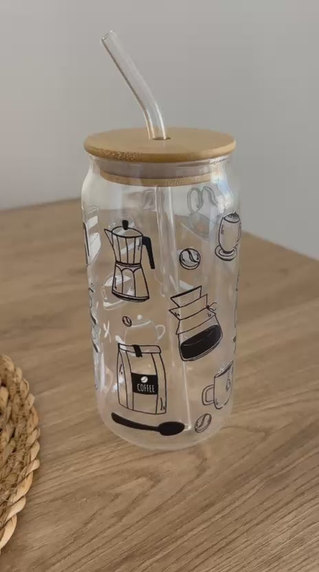 Kahve Desenli Bambu Kapaklı Pipetli Cam Bardak 550 Ml