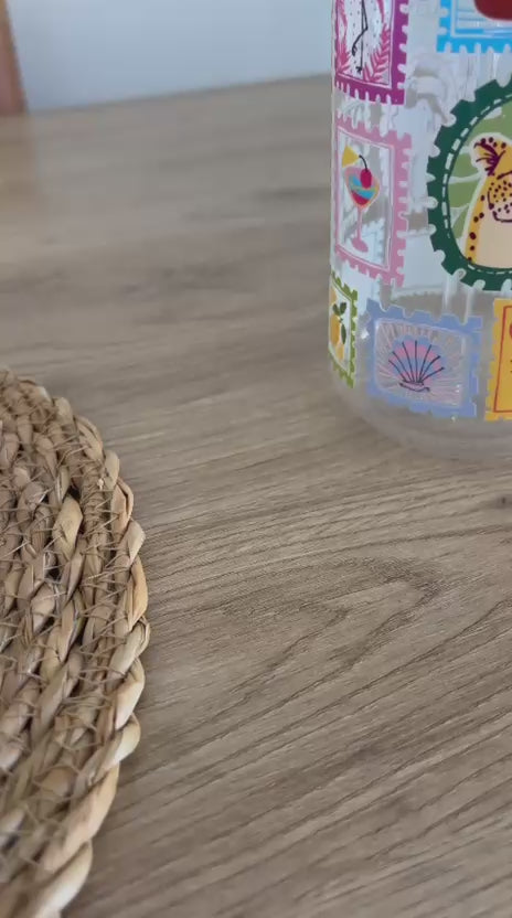 Tropikal Desenli Bambu Kapaklı Pipetli Cam Bardak 550ml